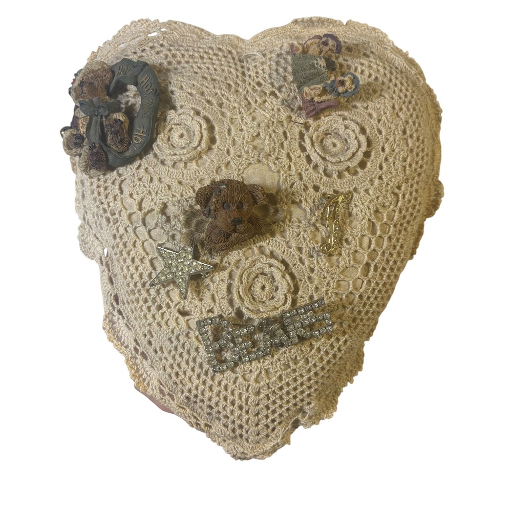 Vintage Hand Crochet Lace Heart Pillow Teddy Bear Pins Rhinestones Cream Cotton